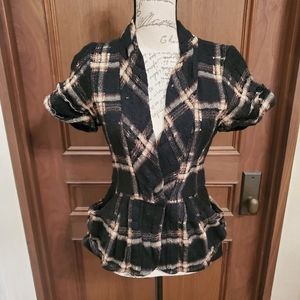 Nanette Lepore Black Plaid Fleece Wool Top